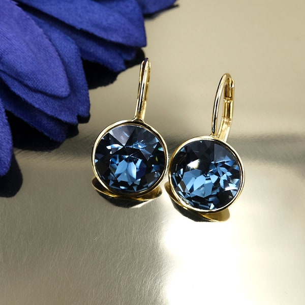 Ohrringe Gold Kristall Blau kurze Ohrhänger gold rund Denim Blue NOBEL SCHMUCK