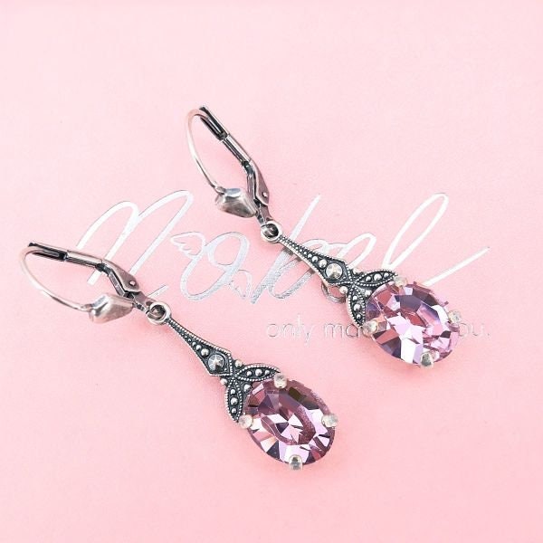 Art Nouveau earrings Swarovski crystals silver pink NOBEL JEWELRY