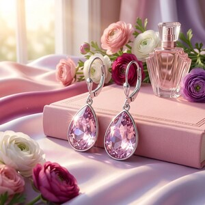May include: A pair of silver teardrop earrings with large, faceted pink crystals. The earrings are displayed on a pink book, next to a perfume bottle and flowers. The scene is set on a satin surface.