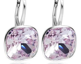 925 Earrings Swarovski Crystals Silver Violet Purple Cushion Cut NOBEL JEWELRY