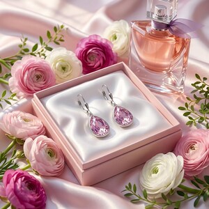 May include: A pair of silver drop earrings with pear-shaped, light pink crystals, presented in a pink gift box. The earrings are displayed on a satin surface, surrounded by pink and white flowers and a perfume bottle.