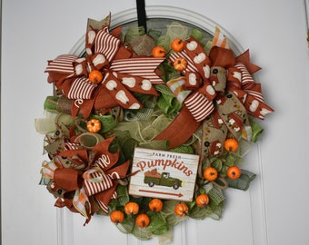 Fall Truck themed wreath with mini pumpkins