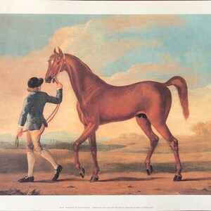 May include: A painting of a brown horse with a man in a blue coat leading it by a rope. The horse is standing in a field with a cloudy sky in the background.
