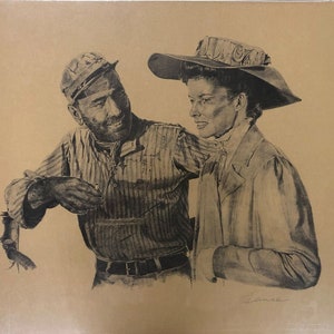 May include: A black and white drawing of a man and a woman. The man is wearing a striped shirt and a cap. The woman is wearing a hat and a coat. The drawing is on a brown background.
