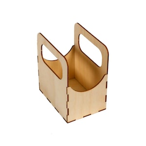 May include: A wooden box with a handle, perfect for carrying small items. The box is made of light brown wood and has a simple design.
