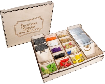 May include: A wooden box with a lid that has the text "Deepwater Storage Co." on it. The box is open and contains a variety of game pieces, including cards, tokens, and meeples. The box is designed to store and organize game components.