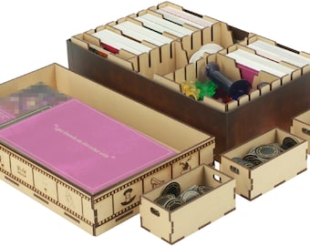 May include: A wooden game organiser with multiple compartments for storing game pieces and cards. The organiser has a brown stain and is made of high-quality wood. The organiser is designed to fit a specific board game.
