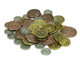 May include: A pile of gold, silver and copper coins with various numbers and designs. The coins are used for a board game.