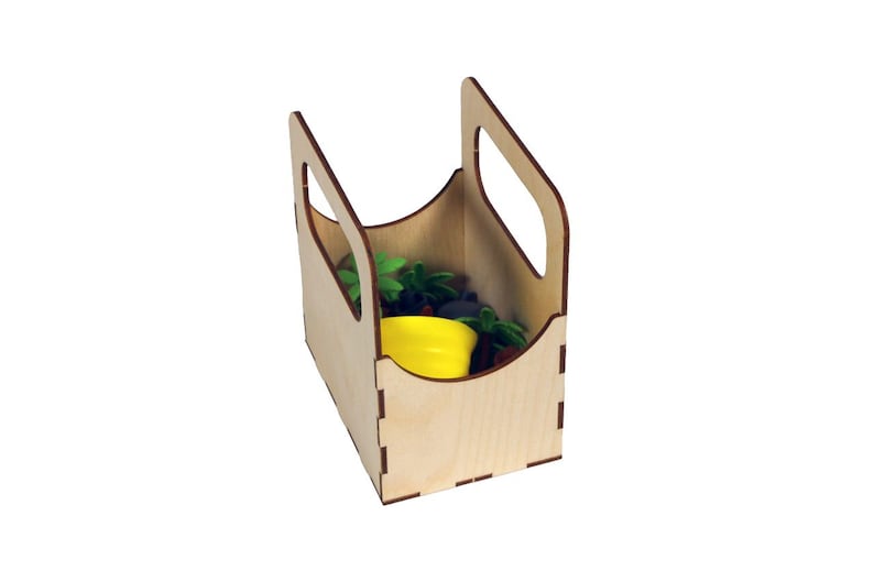 May include: A wooden box with a handle, made of light wood with a brown stain. The box is filled with small potted plants and a yellow watering can.