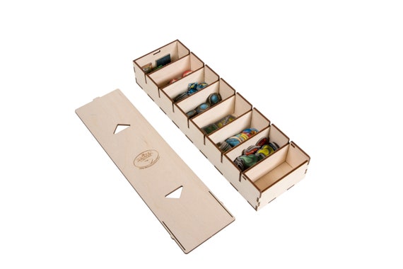 sleeved card game organizer Mlikero Trading Storage Box, Bulk Card Storage for 2400+ Cards, PU Leather Magnetic Closure Card with 10 Dividers & 4 Foam Stoppers, Fit for MTG, TCG and Sports with dedicated slots Everdell (sleeved) Board Game Organizer