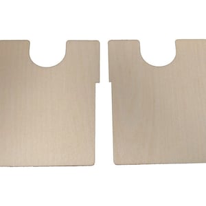 May include: Two unfinished wooden cutout shapes, each with a rounded neck opening. The shapes are similar to the outline of a shirt or a vest.