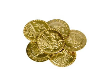May include: A collection of gold-coloured coins with embossed designs. The coins are circular and feature detailed images of a scorpion and other symbols. The coins are arranged on a white background.