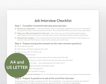Lista de verificación de entrevista de trabajo: preparación para la entrevista imprimible Entrevista de trabajo Búsqueda de empleo Planificador de carrera Desarrollo profesional Planificador de trabajo imprimible