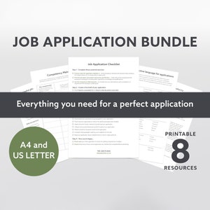 May include: A printable job application bundle with eight resources, including a checklist, competency matrix, and active language for applications. The bundle is designed to help job seekers create a perfect application.
