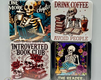 Skeleton Book Lover Square Magnets 4-Piece Set
