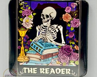 The Reader Skeleton Tarot Card Square Magnet