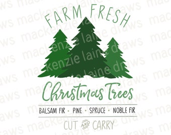 May include: Farm fresh Christmas trees for sale. The sign reads "Farm Fresh Christmas Trees, Balsam Fir, Pine, Spruce, Noble Fir, Cut and Carry."