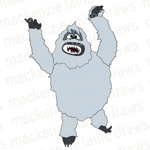 May include: A cartoon illustration of a white abominable snowman with black eyes and a wide open mouth, with its arms raised in the air.