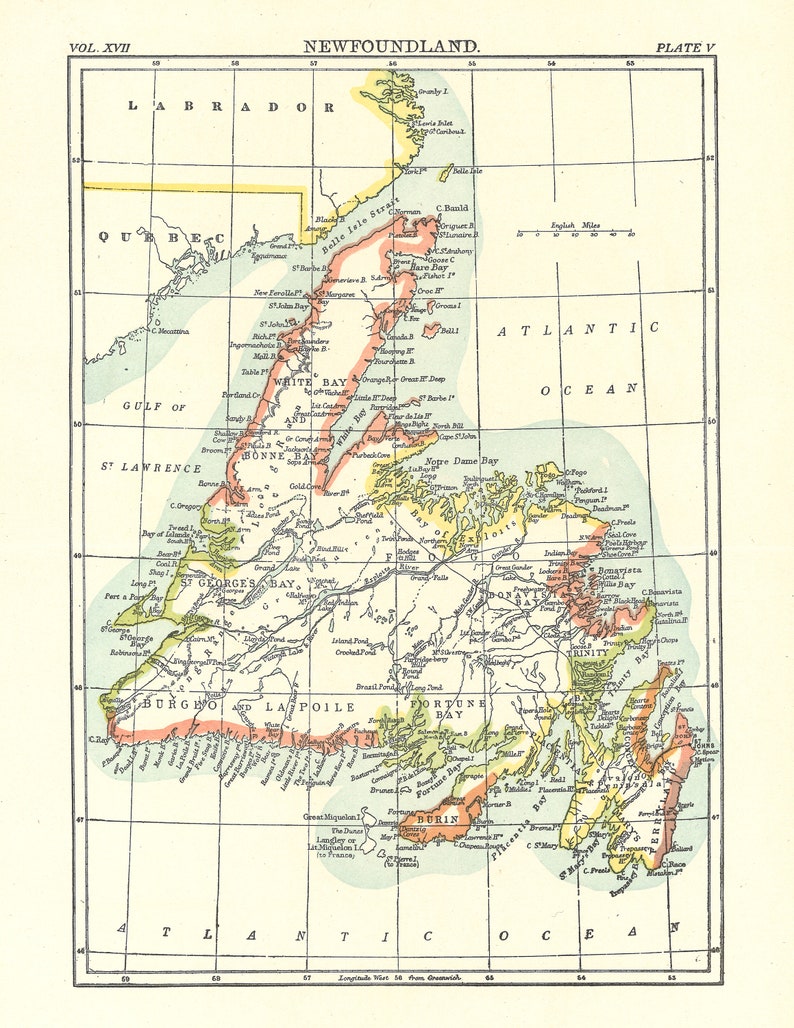Printable Antique Old Map of Newfoundland Canada Circa | Etsy Canada