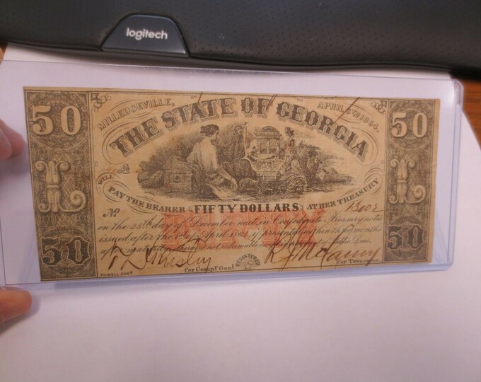 The State of Georgia 50.00 Obsolete Note 1864 b Original Milledgeville