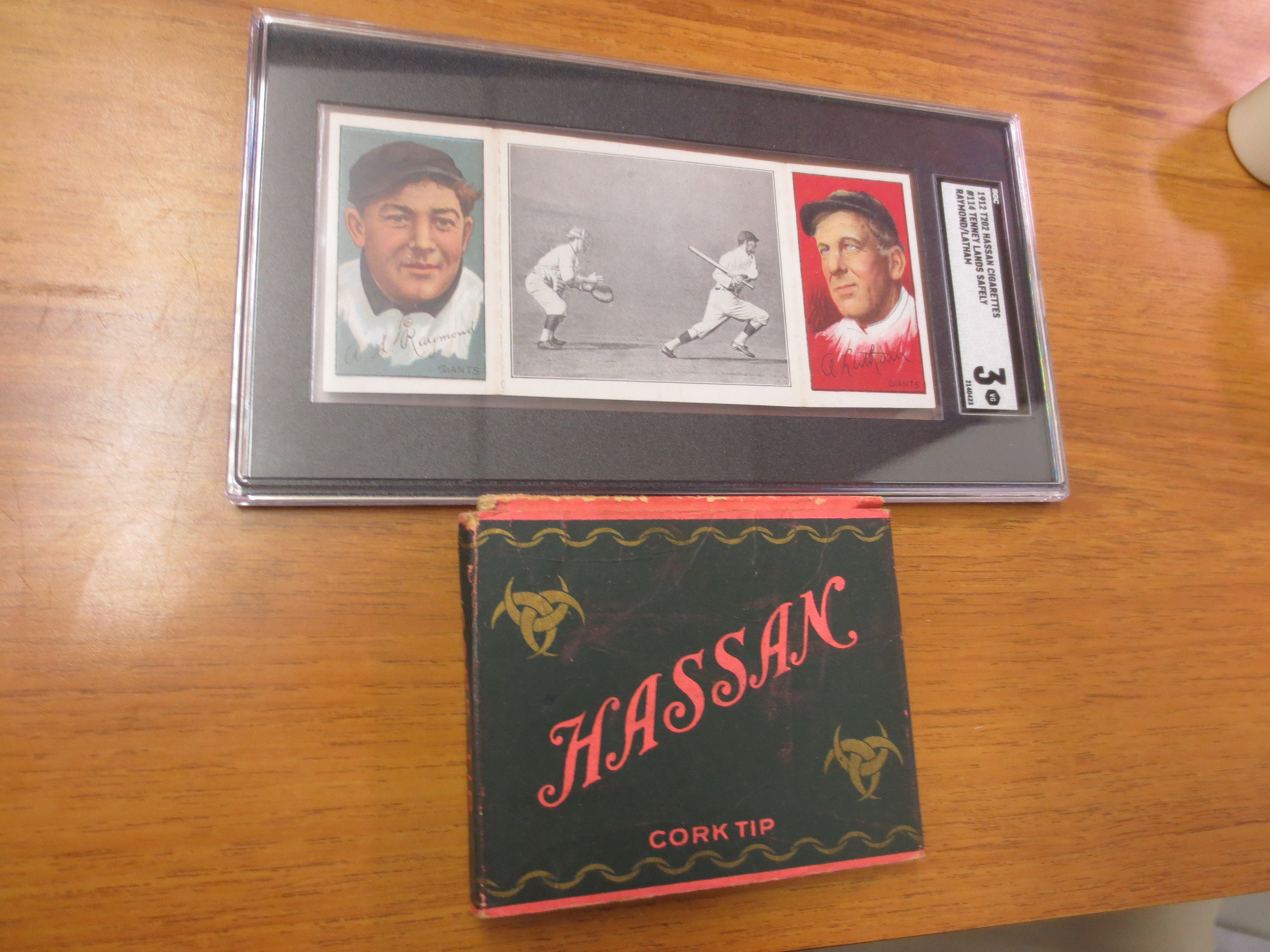 hassan tobacco cards 1912 T202 Hassan Cigarettes #114 RAYMOND/LATHAM SGC 3 + Original Hassan  Pack That Card Came In