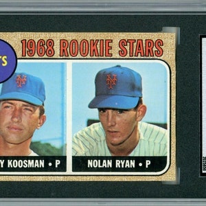May include: A 1968 Topps baseball card featuring Nolan Ryan and Jerry Koosman, both wearing New York Mets uniforms. The card is graded A by SGC.