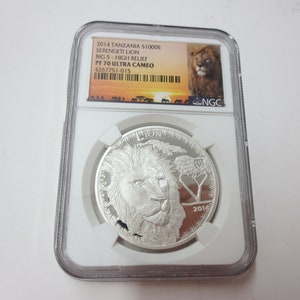 1 - 2014 Tanzania Silver 1000 Shillings Big 5 High Relief Serengeti Lion NGC PF70 Ultra Cameo (Low Mintage)
