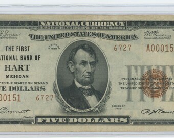 1929 5.00 Type 2 HART, MICHIGAN Charter #6727 National Bank Note Low Serial Number (Rare Note)