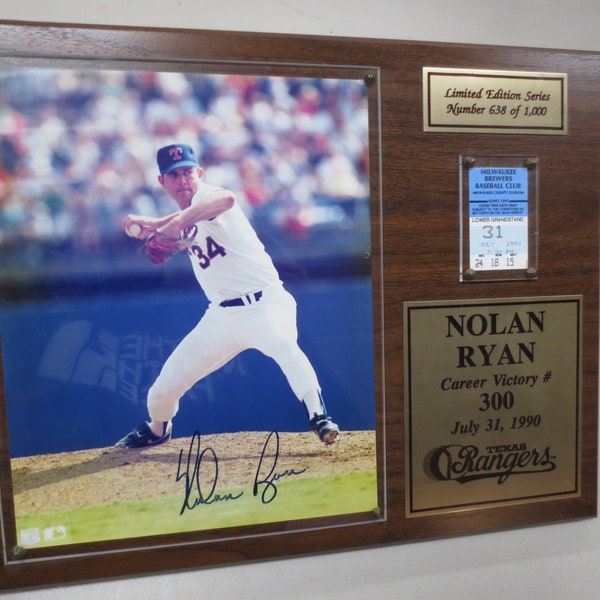 Nolan Ryan Autographed 8x10 Photo & Career Victory #300 Ticket Stub Mounted on Plaque by Scoreboard