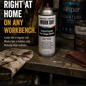May include: A cylindrical metal spray paint can labeled Work Day General Purpose Alkyd Enamel. The white can features a black label section with text in English and French, a red nozzle, and a bottom weight marking of 10 oz - 283 g.