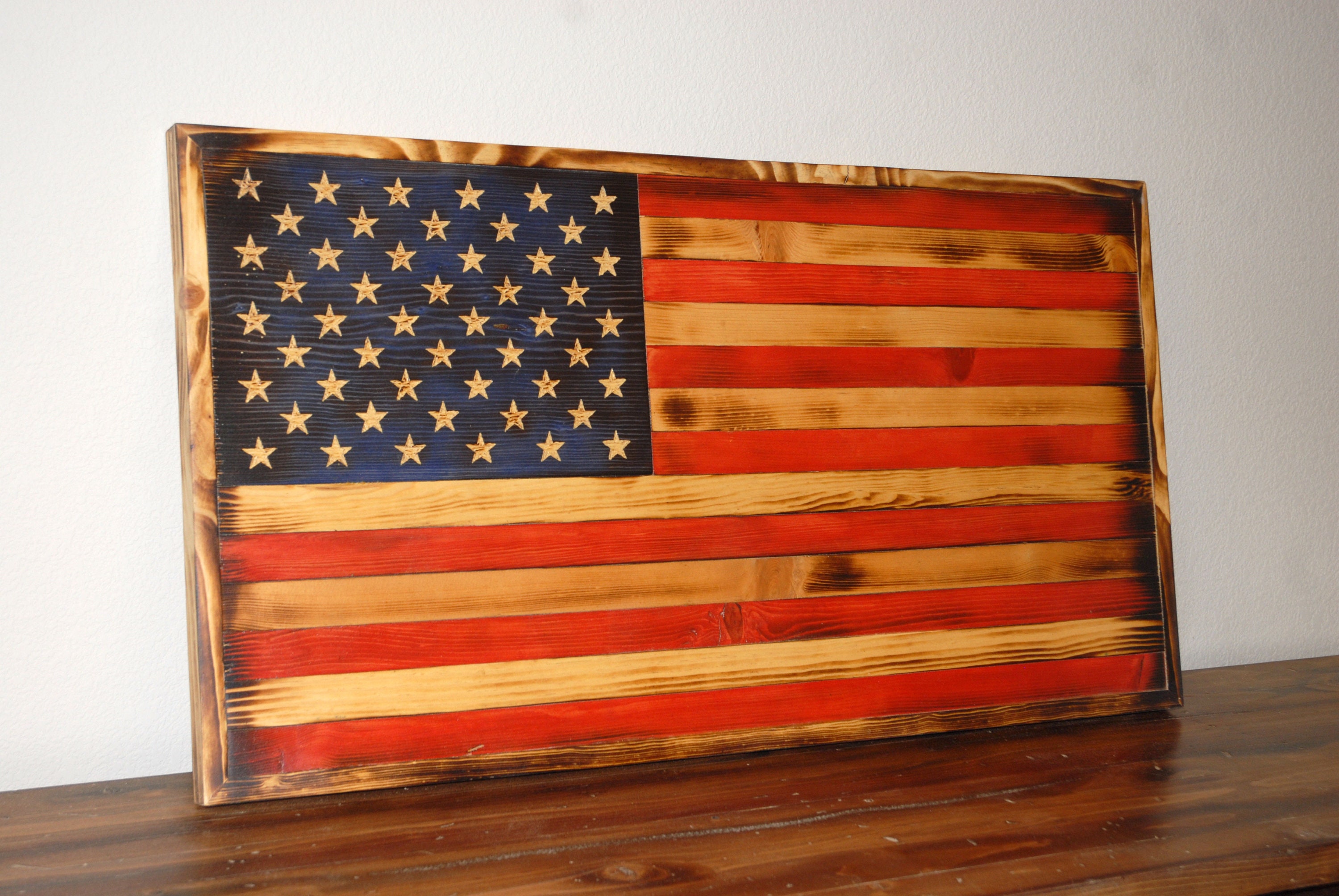 Rustic wooden American flag with frame Wood Flag Wall Art Etsy
