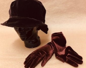 Liz Claiborne Chocolate Brown Velvet-Look Hat and Gloves | Rayon and Silk Hat | Polyester and Spandex Gloves | NWT Hat | Vintage 1990s