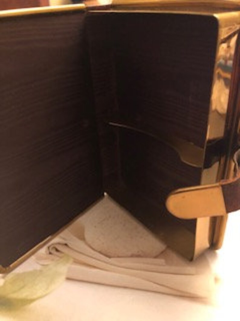 May include: A small, rectangular, gold-colored box with a brown leather exterior. The box is open, revealing a soft, white interior. The box has a gold-colored latch and a brown leather strap.