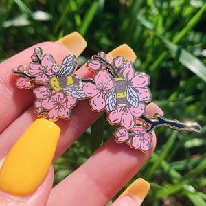 Sakura Bees Enamel Pin - Cherry Blossom Kawaii - Hard Enamel Pin