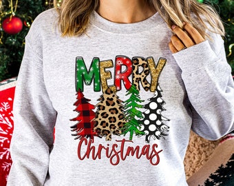 Christmas Jumper Womens, Ladies Xmas Sweater, Christmas Sweatshirt, Christmas Tree, Merry Christmas, Leopard Print Design, Festive Sweater