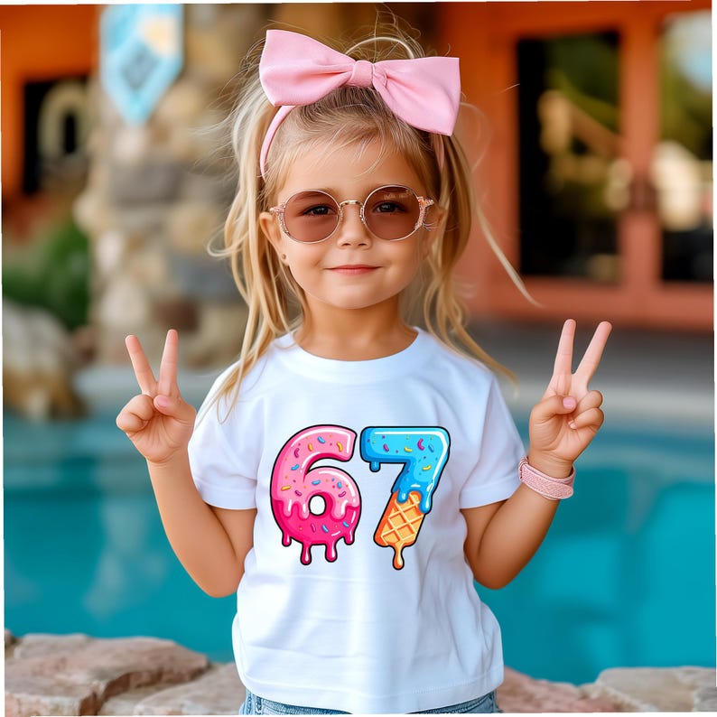 May include: A young girl wearing a white t-shirt with the number "67" in a donut and ice cream cone design. She is wearing a pink bow headband, round sunglasses, and a pink bracelet. She is holding up two fingers on each hand.