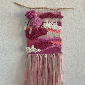one of a kind, pink woven wall hanging, wall decor, princess theme, unicorn theme, ribbons and lace