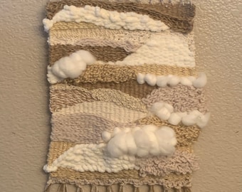 Neutral Woven Wall Hanging, Beige Cotton Jute Fiber Art, Driftwood Hanger