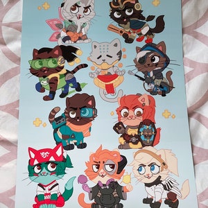 Overwatch 2 Support kitties A3 Large Poster. Featuring Ana, Zen, Brigitte, illari, life weaver, Moira,Lucio, Kiriko, Mercy and Baptiste!