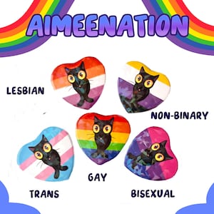 May include: Six heart-shaped pins with black cats and rainbow pride flags. The pins represent lesbian, gay, bisexual, transgender, non-binary, and asexual identities.
