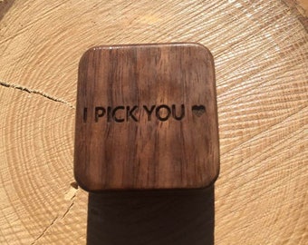 Guitar pick box & pick gift personalized engraved black walnut made in the USA ships domestic from the US