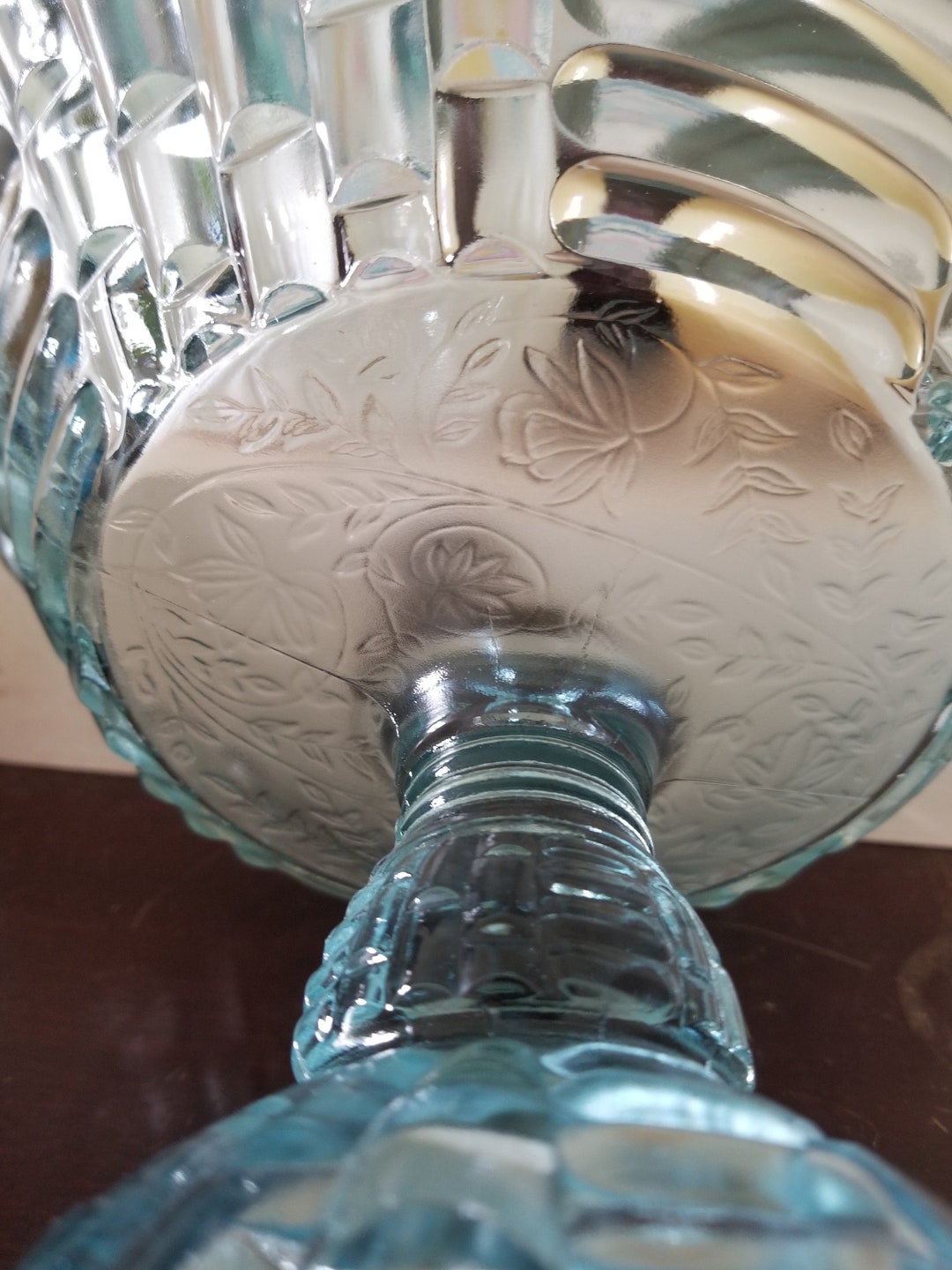 VTG Mid Century Heavy Glass Panel Dish Art Deco Ice Blue Tint Pedestal