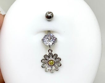 Sunflower Belly Ring, Belly Button Ring, Dangle Belly Ring, CZ Belly Ring, Cute Belly Ring, Dainty Belly Ring, Body Piercing, Belly Piercing