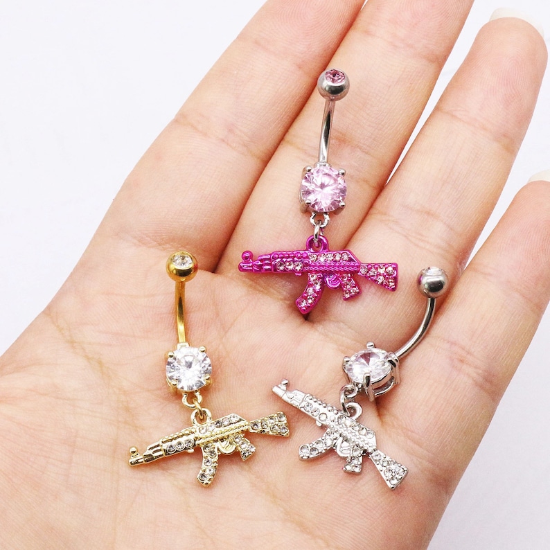 Dangle Belly Button Ring - Gun Shaped Belly Ring, CZ Belly Ring, Navel Belly Ring, Body Jewelry, Unique Belly Ring, Sexy Belly Ring Gift 