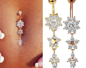 Gold Anchor Rope Clear CZ Belly Ring Dangle Chain Navel 14g Navy Body Jewelry Gold Anchor Rope Clear CZ Belly Ring Dangle Chain Navel 14g Navy Body Jewelry