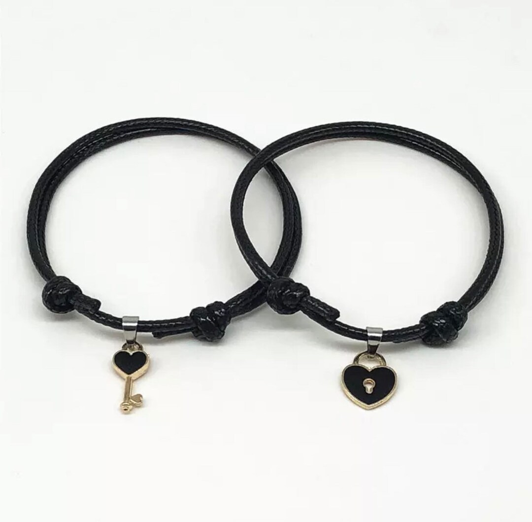 Leather Bracelet Pair, Heart Lock and Key Bracelet, Locke and Key