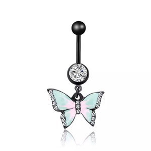 rini_mc2 1 Pc CZ Paved Butterfly Surgical Steel Aurora Borealis CZ Navel Belly Button Ring
