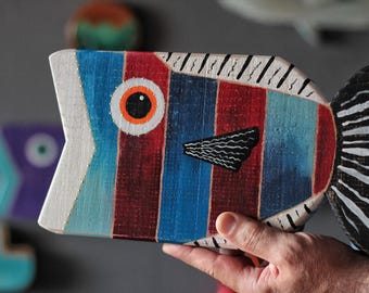 Handmade Wooden Fish Wall Art – Coastal Nautical Wood Sculpture – Rustic Beach House Decor