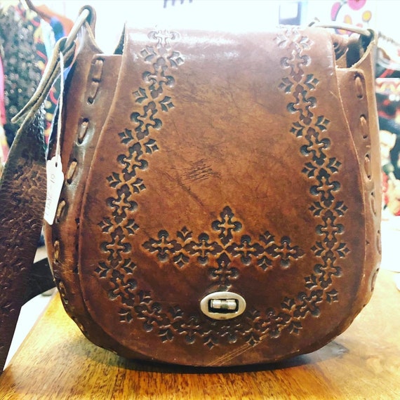 Vintage Hand-Tooled Leather Purse 70’s Hippie Boho