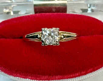 Vintage Diamond Engagement Ring, 14k Gold .40ct Natural Old European Cut Diamond Vintage 1940s Ring